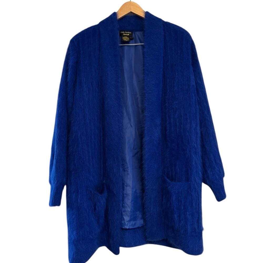VTG Angora Cardigan Oversized XL Cobalt Blue Fuzzy Cable Knit Open Front Cozy
